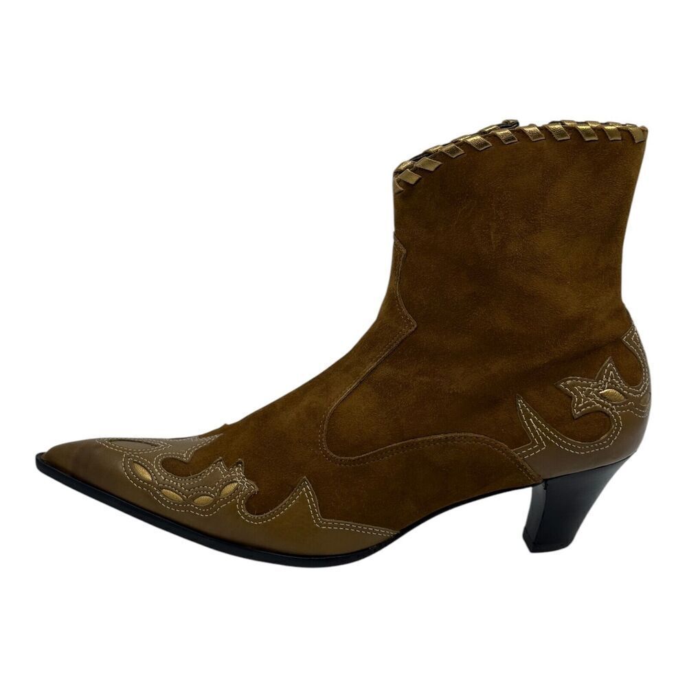 Antonio Melani Western Boots Women 7.5M Brown Suede Gold Pointed Kitten Heel - Picture 13 of 15